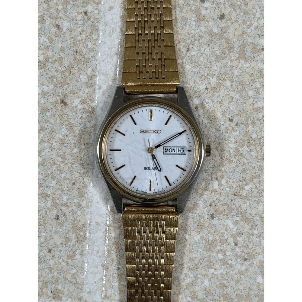 Seiko Solar Quartz SNE032 Two Tone Stainless Steel Gold White Dial
